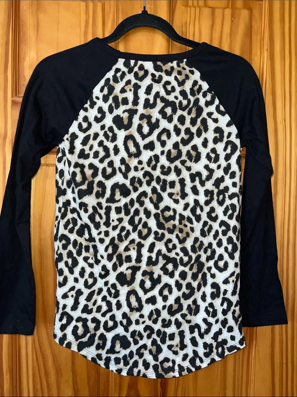 Justice Black Raglan Leopard Print Long Sleeve Tee with Rhinestone Pocket